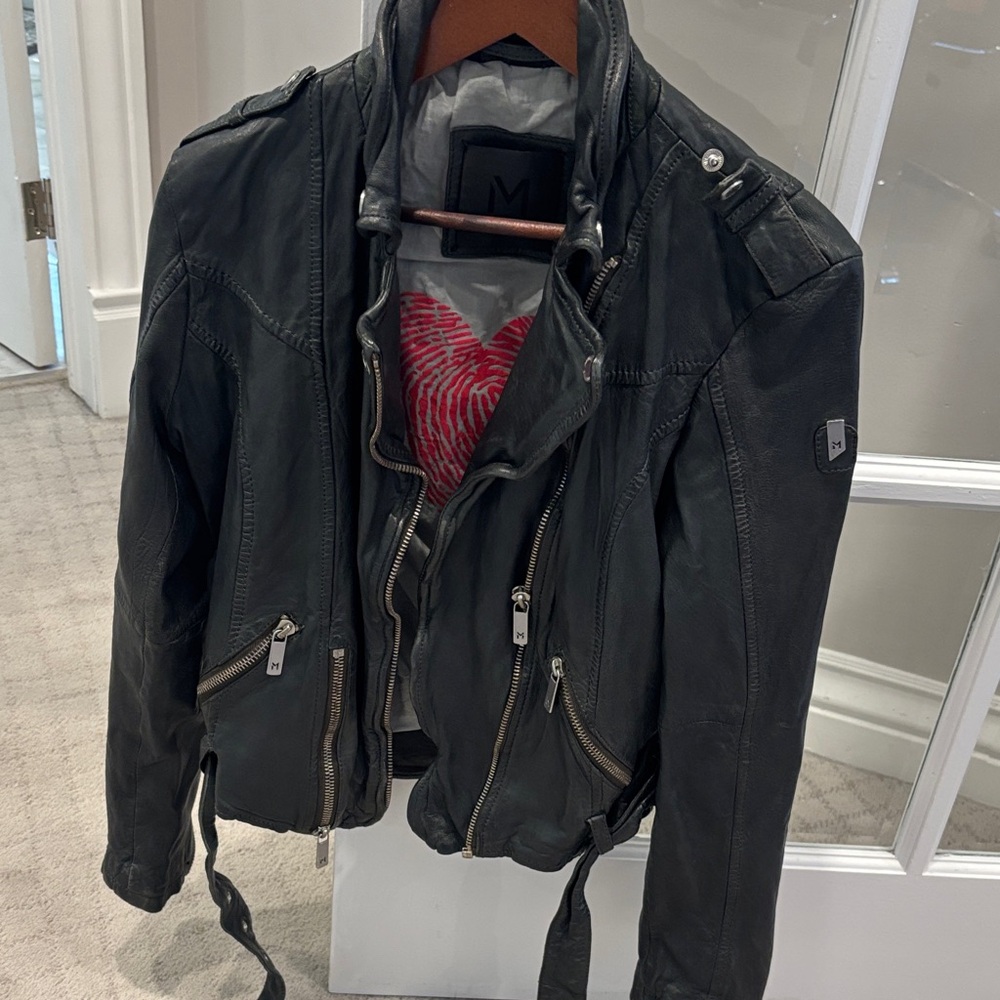 Green Leather Jacket with Heart Lining